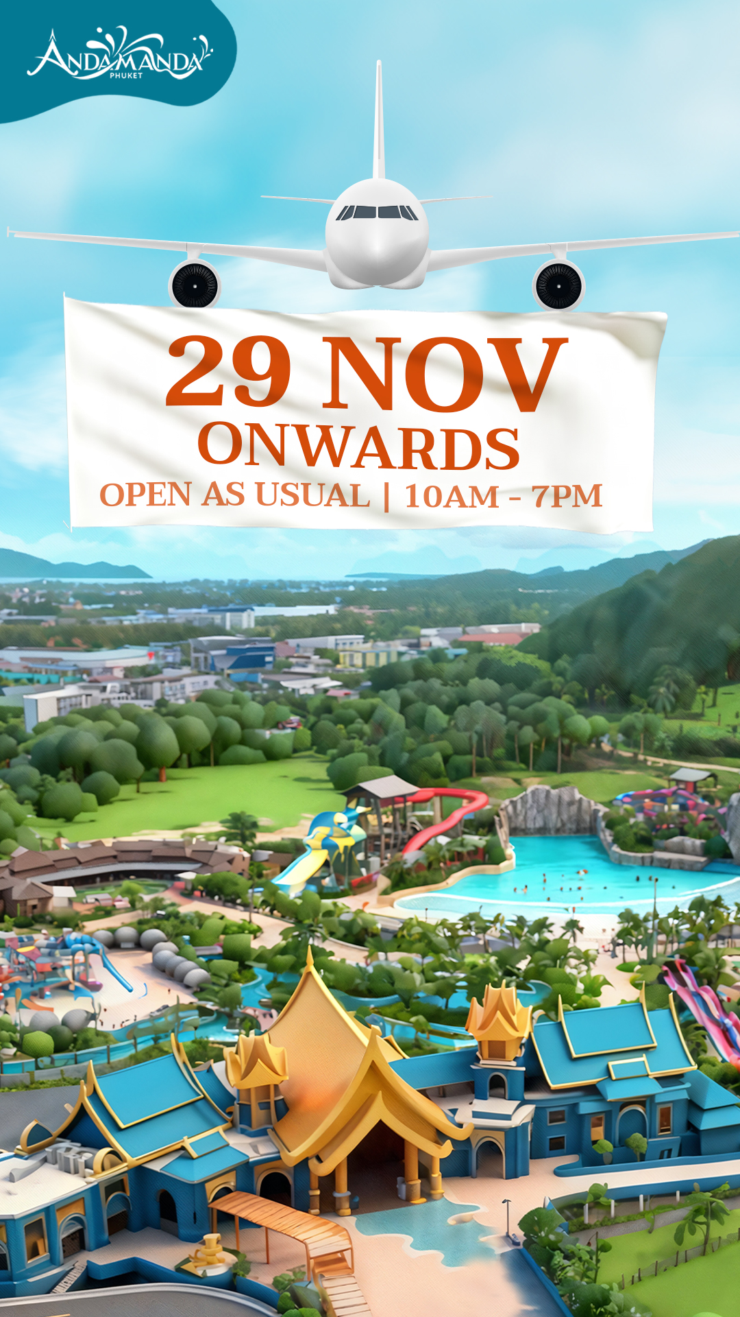 Announcement image from Andamanda Phuket informing guests that the park will be closed on 27–28 November 2025 for a private event and will resume normal operations from 29 November onward.