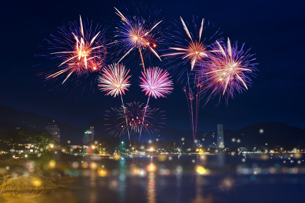 View of New Year’s fireworks from Patong Beach in Phuket