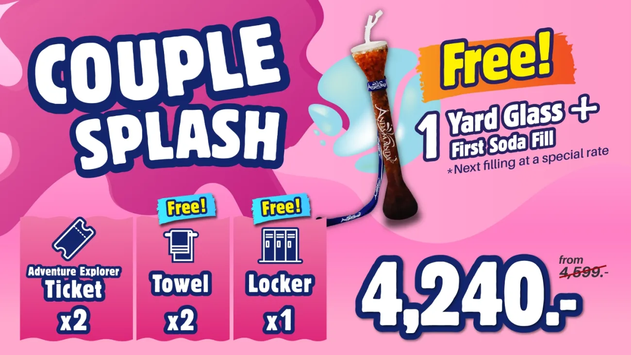 Introducing the Couple Splash Promotion! Includes 2 Adventure Explorer tickets, 2 towels, 1 locker, plus a free Gradient Cup with all-day unlimited water refills.