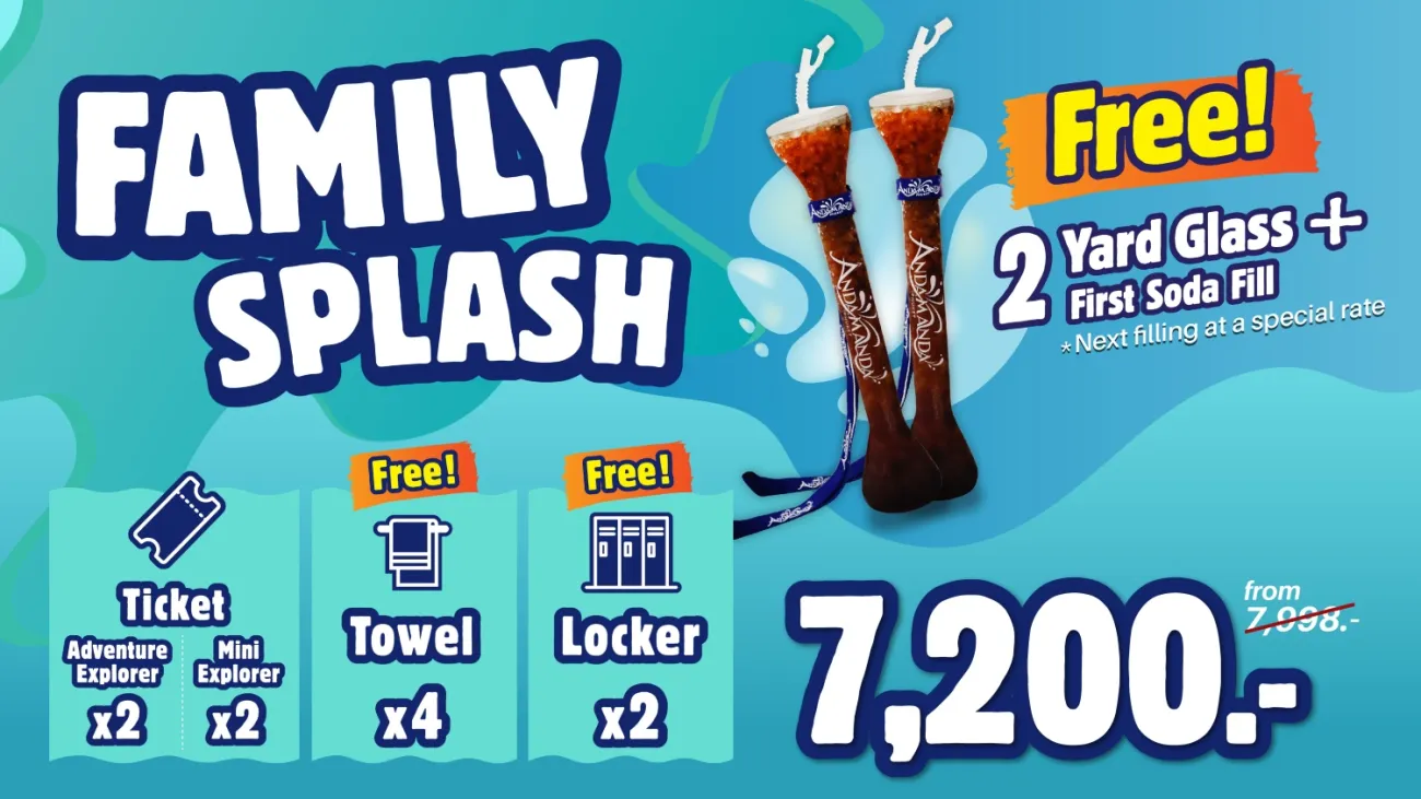 Introducing the Family Splash Promotion! Includes 2 adult and 2 mini Explorer tickets, 4 towels, 2 lockers, plus Gradient Cups with unlimited refills all day.