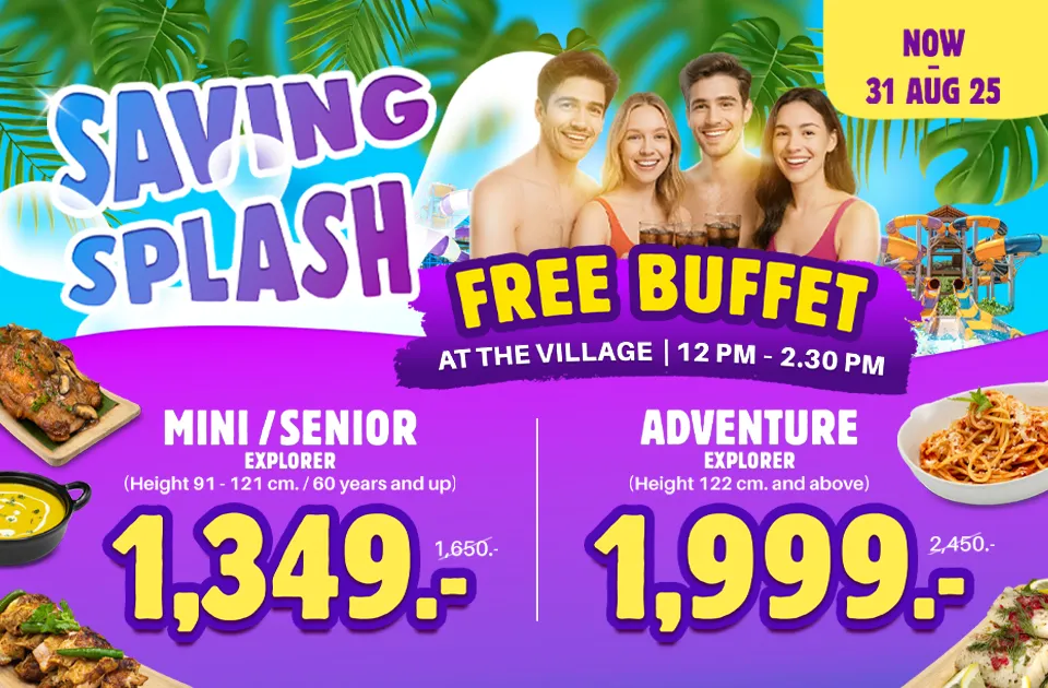 Andamanda Phuket Saving Splash promotion featuring discounted water park tickets with complimentary buffet at The Village restaurant, showing happy guests enjoying food and drinks with colorful water slides in the background