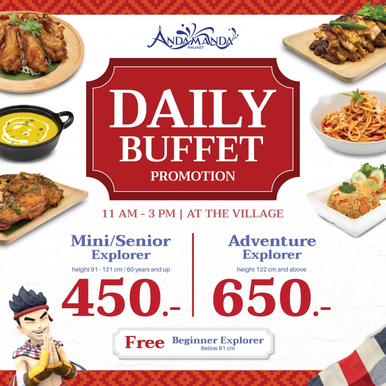 Andamanda Phuket Daily Buffet promotion menu showing pricing tiers and food items available at The Village restaurant from 11 AM to 3 PM