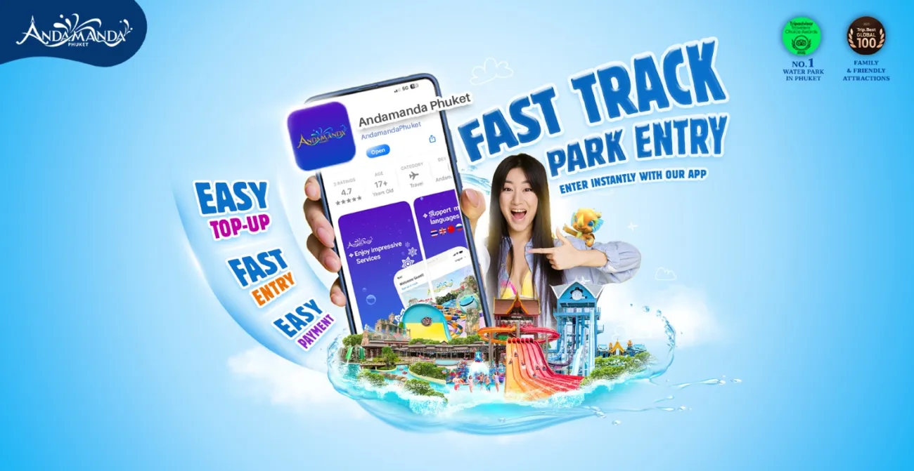 Promotional graphic for Andamanda Phuket showing a woman holding a phone displaying the Andamanda app, with text highlighting benefits like priority access, fast entry, easy top-up, and easy payment. The image includes colorful water slides, app interface, and branding elements with a cheerful, energetic tone.