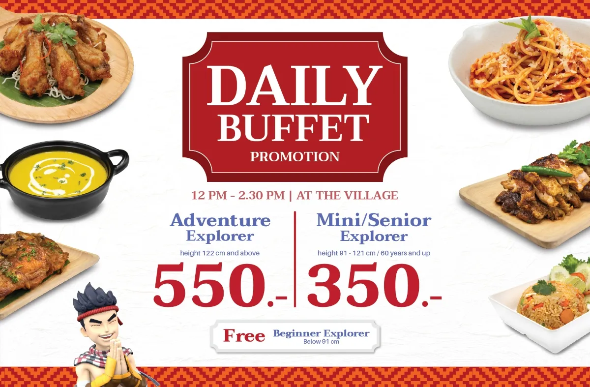 Andamanda Phuket Daily Buffet promotion menu showing pricing tiers and food items available at The Village restaurant from 12 PM to 2.30 PM