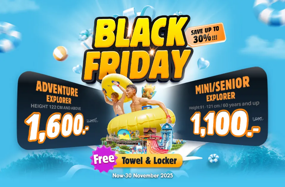 Black Friday water park promotion showing Adventure Explorer and Mini/Senior Explorer packages with people enjoying water slides and pool floats at a tropical-themed water park