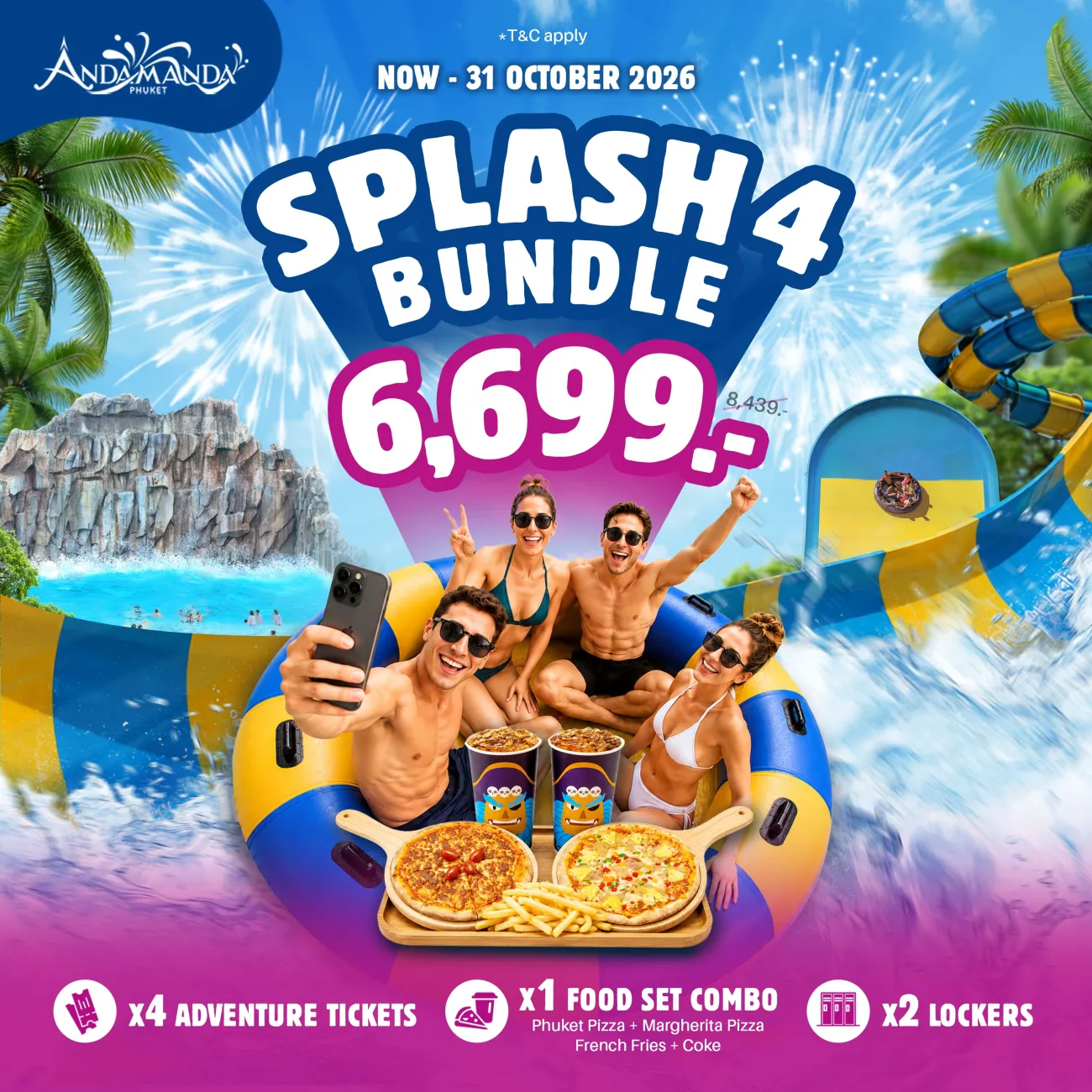 Enjoy the ultimate group adventure at Andamanda Phuket with the Splash4 Bundle. Perfect for families and friends, this value-packed offer includes 4 Adventure Tickets, 1 Food Set Combo, and 2 Lockers for a fun-filled day at a special bundle price of THB 6,699.