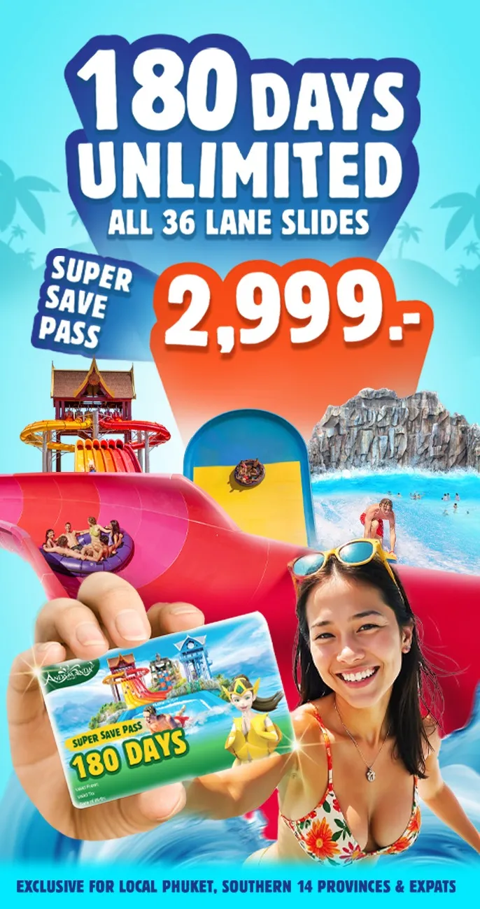 Промо-акция Andamanda Phuket Super Save Pass для местных жителей и экспатов Доступ на 180 дней ко всем аттракционам FlowRider, водным горкам и бассейнам без ограничений — всего за 2,999 бат. Яркие водные развлечения и оформление в стиле фэнтези с тематическими персонажами.