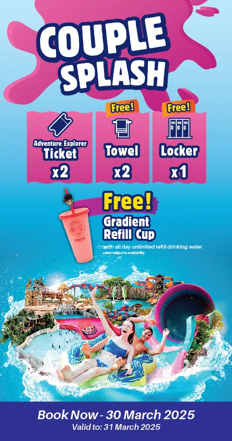 Introducing the Couple Splash Promotion! Includes 2 Adventure Explorer tickets, 2 towels, 1 locker, plus a free Gradient Cup with all-day unlimited water refills.
