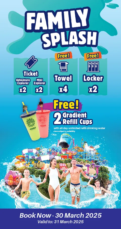 Introducing the Family Splash Promotion! Includes 2 adult and 2 mini Explorer tickets, 4 towels, 2 lockers, plus Gradient Cups with unlimited refills all day.