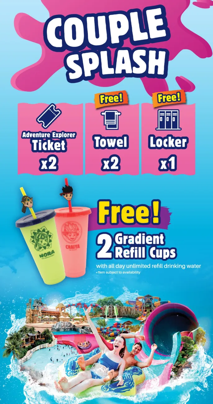 Couple 𝐒𝐩𝐥𝐚𝐬𝐡 𝐏𝐫𝐨𝐦𝐨𝐭𝐢𝐨𝐧! Introducing the Couple Splash Promotion! Includes 2 Adventure Explorer tickets, 2 towels, 1 locker, plus a free Gradient Cup with all-day unlimited water refills.