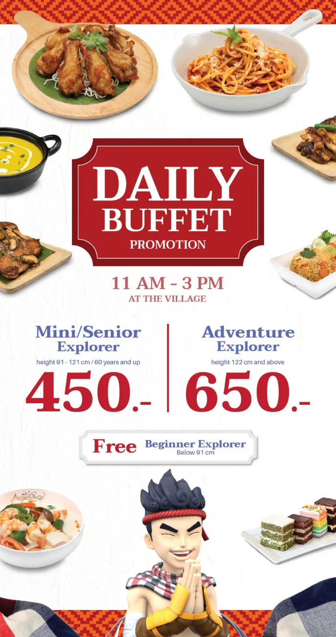 Andamanda Phuket Daily Buffet at The Village Andamanda Phuket Daily Buffet promotion menu showing pricing tiers and food items available at The Village restaurant from 11 AM to 3 PM