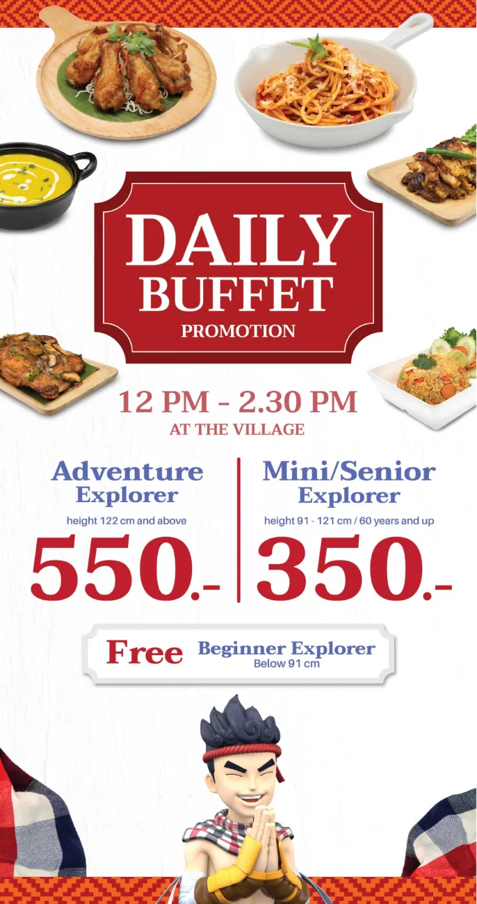 Andamanda Phuket Daily Buffet at The Village Andamanda Phuket Daily Buffet promotion menu showing pricing tiers and food items available at The Village restaurant from 12 PM to 2.30 PM