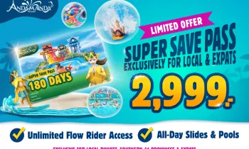 Промо-акция Andamanda Phuket Super Save Pass для местных жителей и экспатов Доступ на 180 дней ко всем аттракционам FlowRider, водным горкам и бассейнам без ограничений — всего за 2,999 бат. Яркие водные развлечения и оформление в стиле фэнтези с тематическими персонажами.