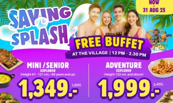 Andamanda Phuket Saving Splash promotion featuring discounted water park tickets with complimentary buffet at The Village restaurant, showing happy guests enjoying food and drinks with colorful water slides in the background