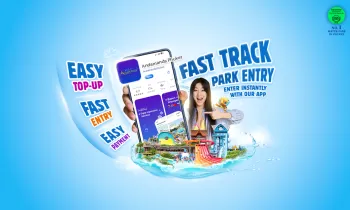 Promotional graphic for Andamanda Phuket showing a woman holding a phone displaying the Andamanda app, with text highlighting benefits like priority access, fast entry, easy top-up, and easy payment. The image includes colorful water slides, app interface, and branding elements with a cheerful, energetic tone.