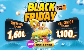 Black Friday water park promotion showing Adventure Explorer and Mini/Senior Explorer packages with people enjoying water slides and pool floats at a tropical-themed water park