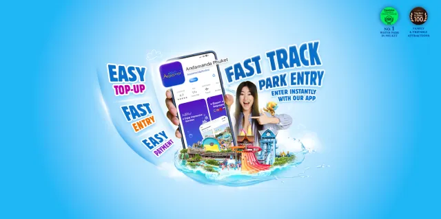 Promotional graphic for Andamanda Phuket showing a woman holding a phone displaying the Andamanda app, with text highlighting benefits like priority access, fast entry, easy top-up, and easy payment. The image includes colorful water slides, app interface, and branding elements with a cheerful, energetic tone.