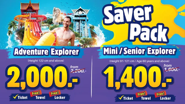  Save on Andamanda Phuket tickets with the Saver Pack: includes Adventure Explorer and Mini/Senior Explorer options, each with towel and locker access.