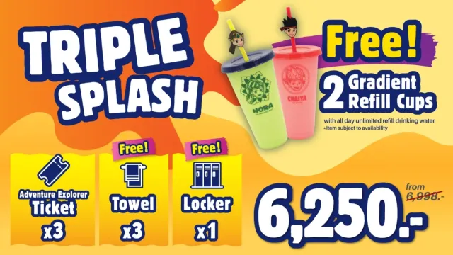 Enjoy 3 adult tickets, 3 towels, and 1 locker. Dive into fun today!