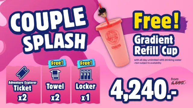 Introducing the Couple Splash Promotion! Includes 2 Adventure Explorer tickets, 2 towels, 1 locker, plus a free Gradient Cup with all-day unlimited water refills.