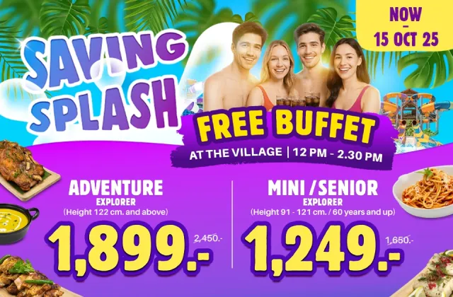 Andamanda Phuket Saving Splash promotion featuring discounted water park tickets with complimentary buffet at The Village restaurant, showing happy guests enjoying food and drinks with colorful water slides in the background
