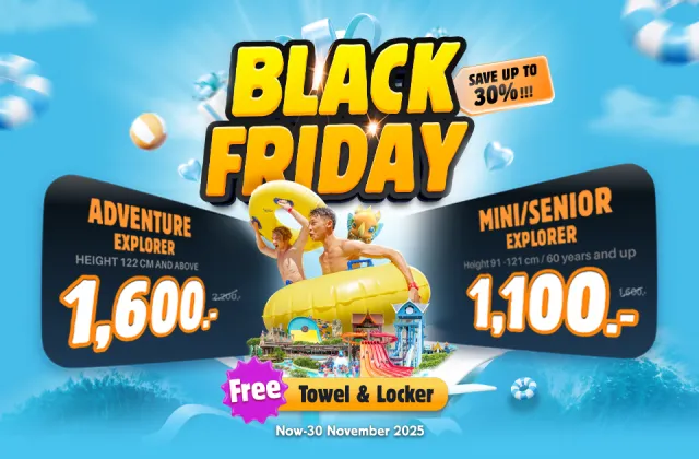 Black Friday water park promotion showing Adventure Explorer and Mini/Senior Explorer packages with people enjoying water slides and pool floats at a tropical-themed water park