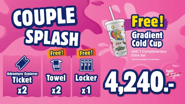 Introducing the Couple Splash Promotion! Includes 2 Adventure Explorer tickets, 2 towels, 1 locker, plus a free Gradient Cup with all-day unlimited water refills.